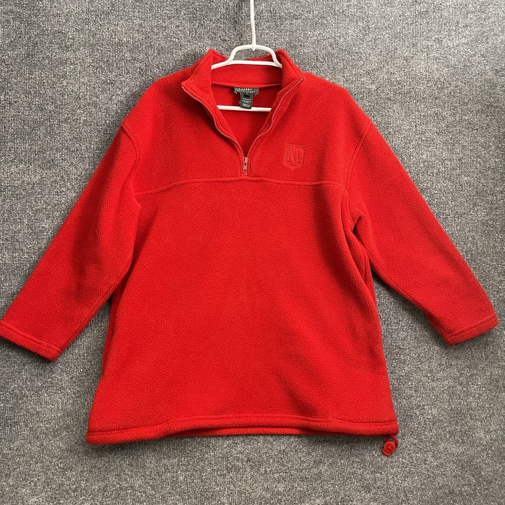 Ralph Lauren Fleece Sweater Women's Sz M Red Crest Pullover VTG USA 1/4 Zip